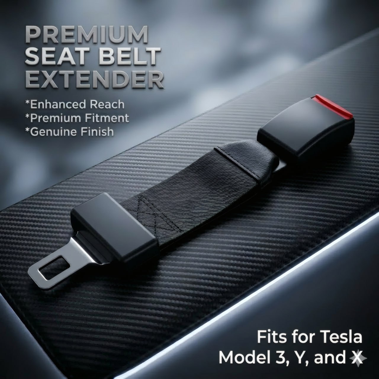 Tesla seat belt extender on dark surface