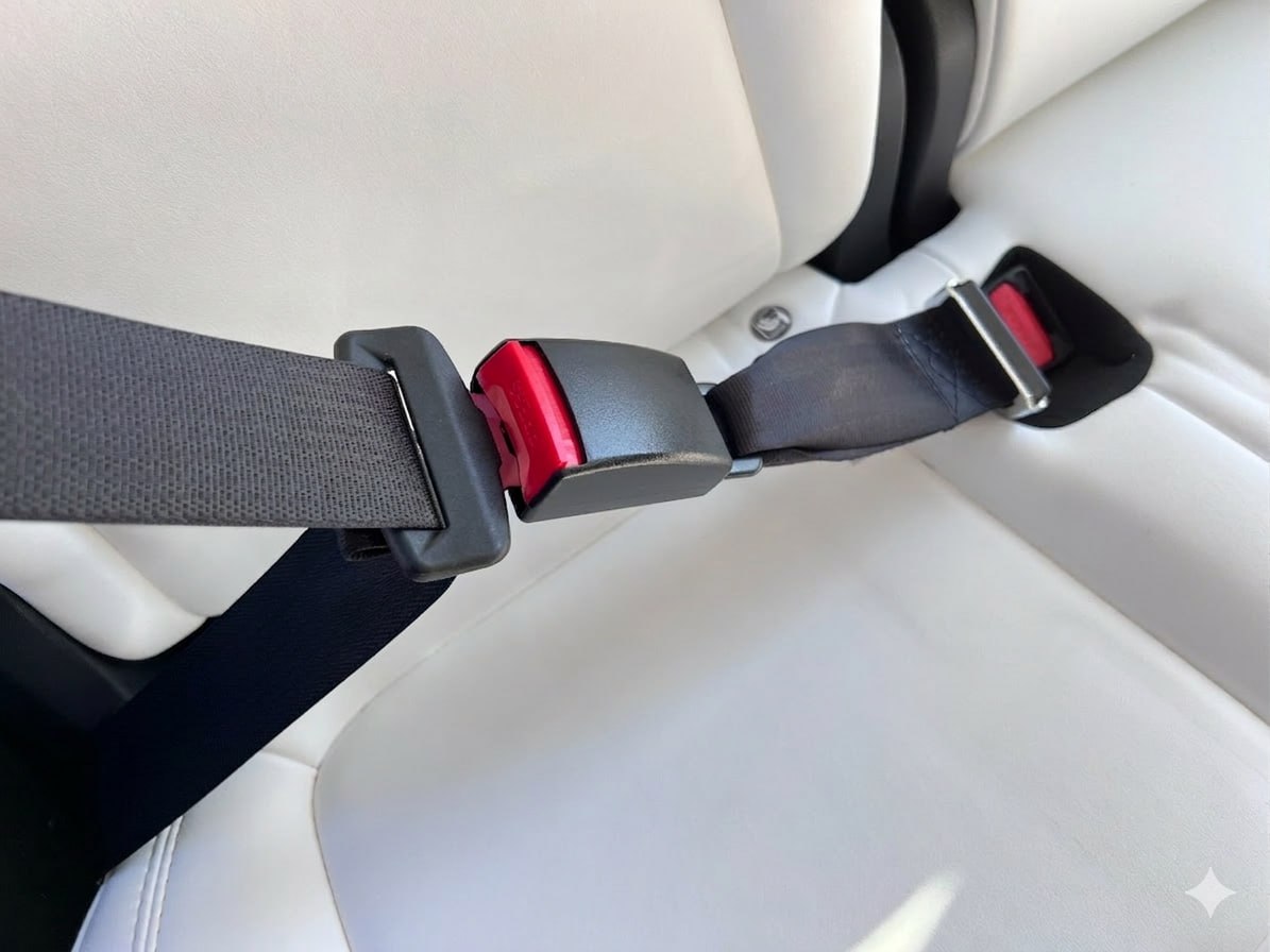 Installed Tesla seat belt extender viewed from angle